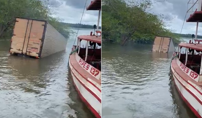Caminhão perde o freio e cai no rio Tocantins em Estreito; vejo o vídeo