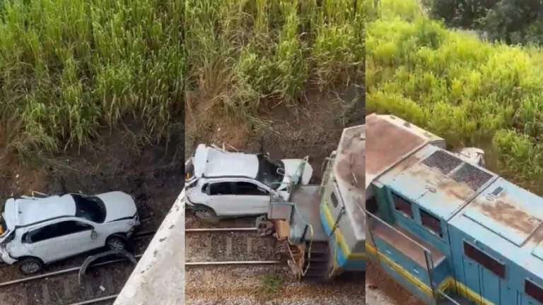 Carro cai em linha férrea e é arrastado por trem da Vale em Minas Gerais; vejo o vídeo